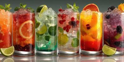 Colorful refreshing cocktails in various glasses displayed on a bar counter with ice and garnishes photo
