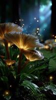 Mushrooms glow softly in a mystical forest at twilight, surrounded by delicate light particles photo