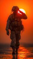 Soldier salutes during sunset in a desert location, capturing a moment of reflection and bravery photo