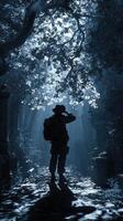 Soldier navigating a mysterious foggy path in an overgrown cemetery during twilight hours photo