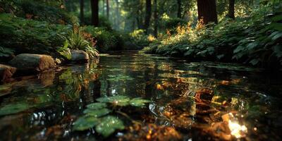 Gentle stream flows through a lush forest with sunlight reflecting on the calm water at midday photo
