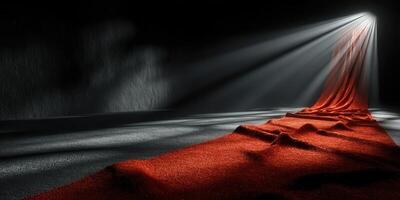 Dramatic red fabric flows along a dimly lit path in an artistic depiction of elegance and mystery photo