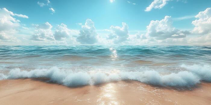 Calm waves gently lapping on a sandy beach under a bright blue sky with fluffy clouds during midday photo
