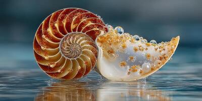 Stunning close-up of nautilus shell revealing intricate patterns and textures in a serene underwater setting photo