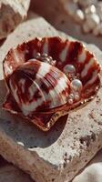 Decorative shell with pearls resting on a stone surface during a warm afternoon photo