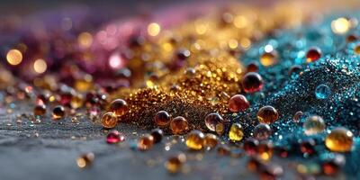 Colorful glitter and water droplets create a striking visual display on a textured surface in soft lighting photo