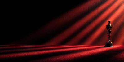 Spotlight on an award statue with dramatic lighting in a dimly lit room during an evening celebration photo