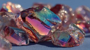 Colorful crystals shining under sunlight display vibrant reflections and intricate patterns on a surface photo