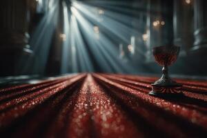 Stunning red velvet drapes with an ornate goblet set against dramatic lighting in an elegant interior space photo