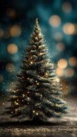 Brightly lit Christmas tree surrounded by soft glowing lights in a winter setting capturing the holiday spirit photo