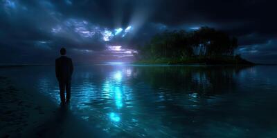 Mysterious figure gazes over tranquil waters towards a distant island under a twilight sky photo