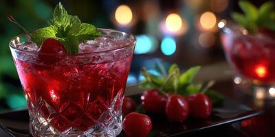 Refreshing red cocktail with cherries and mint served on a dark plate in a lively bar setting at night photo