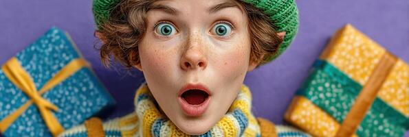 Surprised girl with colorful gifts and vibrant background captures joyful holiday spirit photo