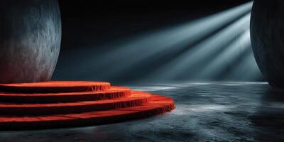Stunning red carpet on circular steps illuminated by beams of light in a dark, moody atmospheric space photo