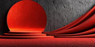 Vibrant red circular backdrop with draped fabric in a minimalist studio setting photo