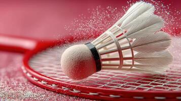Shuttlecock flying towards a racquet on a red surface during a badminton match photo