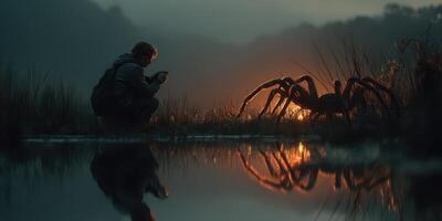 Encounter between a person and a large spider by the water at dusk in a serene landscape photo