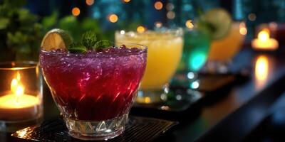 Colorful cocktails presented on a bar during an evening gathering with soft candlelight ambiance photo