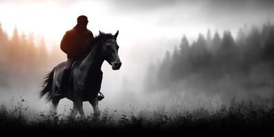 Mysterious rider on horseback exploring foggy forest at dawn near a serene landscape photo