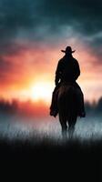 Cowboy riding horse at sunset with dramatic sky in rural landscape photo