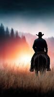 Cowboy riding horse at sunset near forest with vibrant sky and misty mountains in the background photo