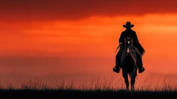 Silhouette of a cowboy riding at sunset in the open prairie beneath a vibrant orange sky photo