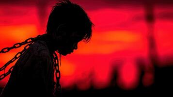 Emotional silhouette of a boy with chains under a vibrant sunset sky in a somber moment photo