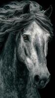 Majestic horse with flowing mane stands against dark backdrop showcasing its beauty and strength photo