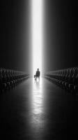 Person sitting alone in an empty room with chairs and light streaming from a doorway photo