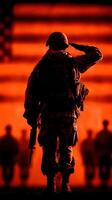 Military soldier saluting against a dramatic backdrop of an American flag during a ceremony at sunset photo
