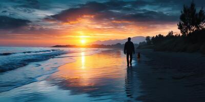 Man and dog walk along a beach at sunset with colorful sky and reflections on water photo