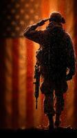 Soldier saluting against a backdrop of an American flag at dawn with raindrops falling photo