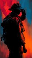 Soldier silhouette against vibrant background showcasing bravery and resilience during a challenging moment in history photo