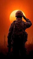 Soldier saluting at sunset in a war-torn city during a meaningful and reflective moment photo