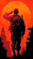 Saluting soldier against a vibrant sunset with silhouettes of ruined buildings in the background photo