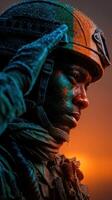 Soldier salutes with determination at sunset in a rugged environment showcasing resolve and honor photo