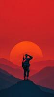 Soldier saluting the sunset over mountains with warm hues during twilight photo