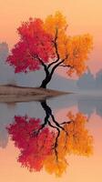 Stunning autumn tree reflects in calm water during sunset at a tranquil lakeside photo