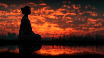 Silhouette of a person meditating at sunset over a serene landscape with reflected colors in the water photo
