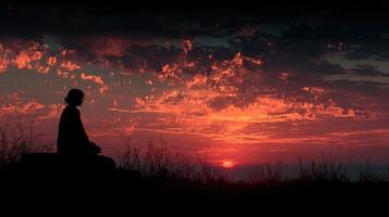 Silhouette of a person meditating against a vibrant sunset sky filled with clouds and colors in a serene outdoor setting photo
