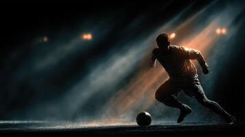 Soccer player sprinting in the spotlight during an intense match at night photo