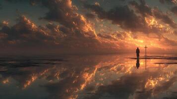 Person standing alone at sunset on a reflective surface with vibrant clouds and warm colors in the sky photo