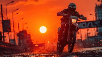 Motorcycle rider performing stunts during sunset on a rain-soaked urban street photo