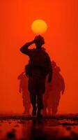 Soldiers march in formation at sunset with orange haze in the background, creating a striking silhouette effect photo