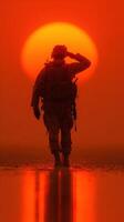 Soldier saluting at sunset in a dusty landscape with vibrant colors and warm lighting photo