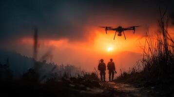 Two soldiers walking on a path with a drone flying overhead during sunset in a mountainous region photo