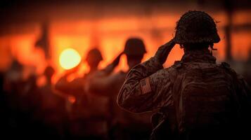 Soldiers saluting the flag at sunset during a military ceremony in a historic location photo