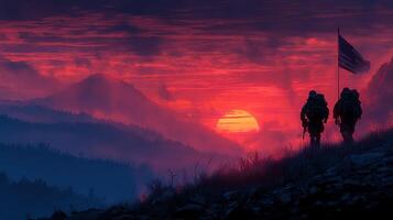 Soldiers stand with flag during sunset in mountainous terrain showcasing bravery and resilience photo