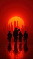 Soldiers saluting at sunset with city skyline in the background photo