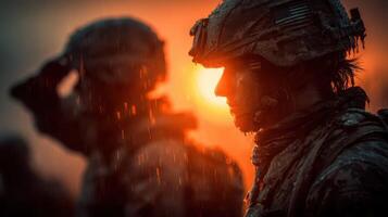 Soldiers in combat gear stand resilient under rain during sunset, showcasing determination and unity amidst challenging conditions photo